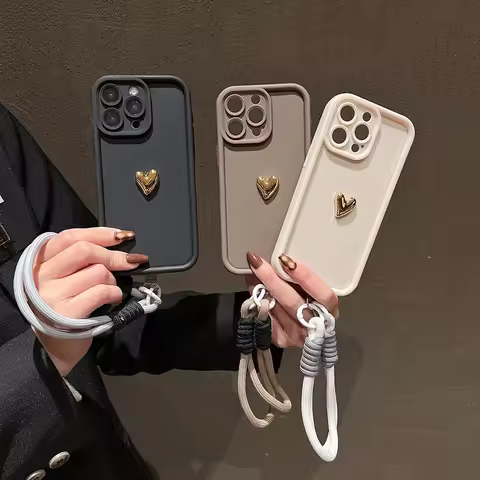 3D Gold Heart Soft Lanyard Rope Case For Xiaomi Mi 14 13 12 11 Lite 5G 13T 14T Pro Poco X6 X5 F5 X3 
