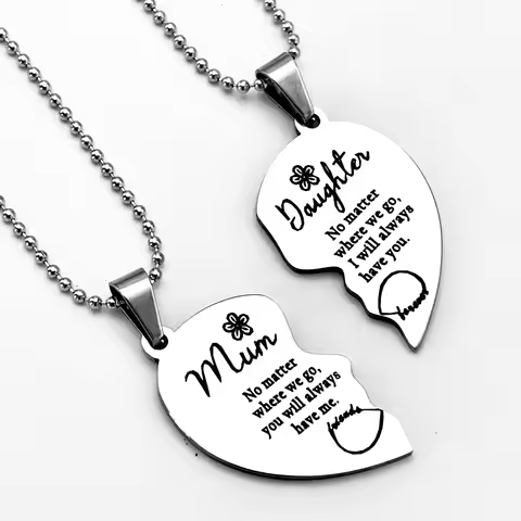2pcs Cherish Mom and Daughter Stainless Steel Necklace, Heart Shaped with Inspirational Quotes,Ideal