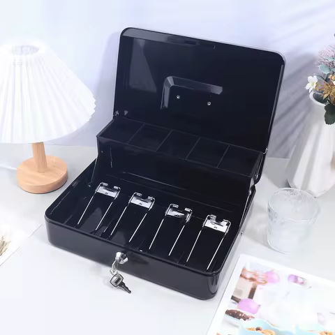 Money Box with Key -Money Tin with Lock - Lockable Cash Box with Coin Tray for Supermarket Petty Cas
