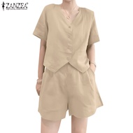 ZANZEA Women Korean Fashion Solid Color V-neck Short Sleeve Vest Top Stretch Shorts Set