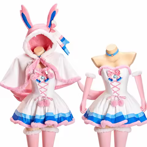 Anime Sylveon Gijinka Cosplay Costume Cute Pink Dress With Ribbon Tail Game Costume Halloween Cospla