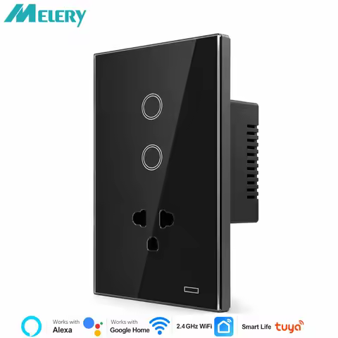Melery Thailand WiFi Smart Wall Socket Light Switch 1/2 Gang Touch Works US/EU Plug Glass Panel Tuya