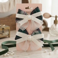 HIJAU Ipeka School Children's Ribbon Clips set of Two or One Green and White Cute, viral Pearl Girls