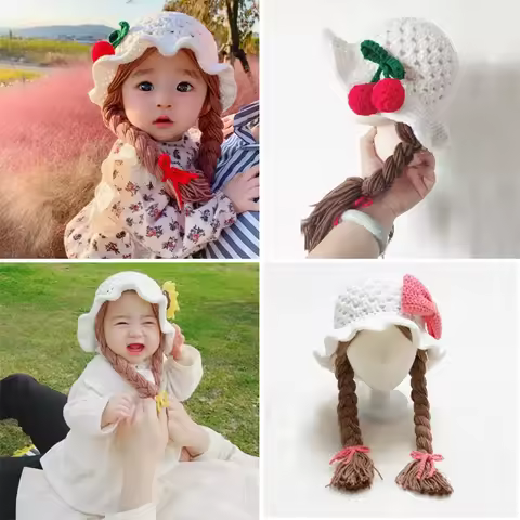 Handmade Knitted Baby Girl Wig Hat Infant Wigs Brades Kid Crochet Hat Caps With Plaits Bebe Photogra