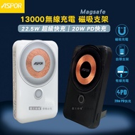 ASPOR 13000 透明線圈 22.5W全協議快充行動電源 自帶立架 Magsafe磁吸無線充電(白色)