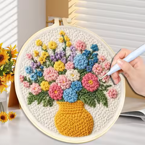 DIY Punch Needle Kits for Beginners Cute Animal with Hoop Embroidery Punch Needle Starter Craft Set 