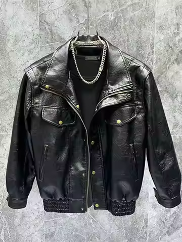American Retro Leather Jacket Men's Autumn High-End Feel Stand Collar PU Leather Jacket Loose Trendy