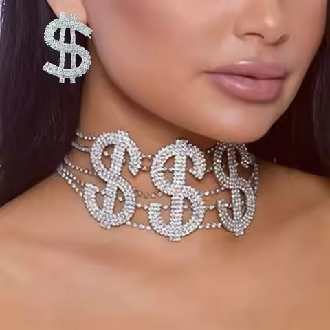 2-piece set Statement Rhinestone Chain Dollar Necklace Earring Choker for Women Multilayer Chain Cho