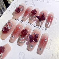 【With Glue】Ready Stock Female Mid-length Fake Nail Labubu and Bowknot Decor Artificial Nail for Wome