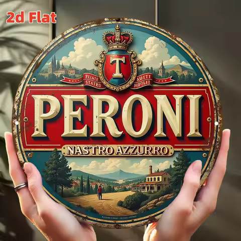 Vintage Peroni Nastro Azzurro Italian Beer Round Tin Sign, Retro Italian Landscape Crown Logo Metal 