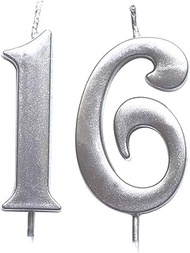 MAGJUCHE Silver 16th Birthday Numeral Candle, Number 16 Cake Topper Candles Party Decoration for Gir