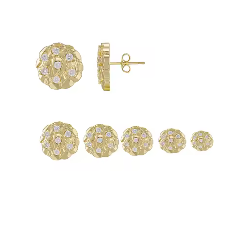 Hip Hop Style round Nugget Stud Earrings 8mm-16mm Diamond Crystal CZ Cubic 14K Gold Plated for Men A