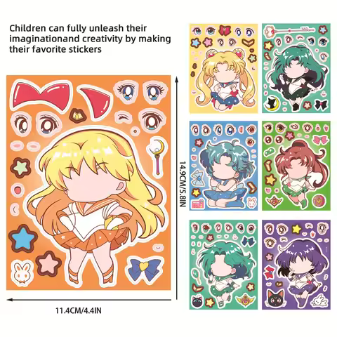 8Sheets Cute Sailor Moon Creative Jigsaw Puzzle Stickers Parent-Child Interactive Puzzle DIY Noteboo