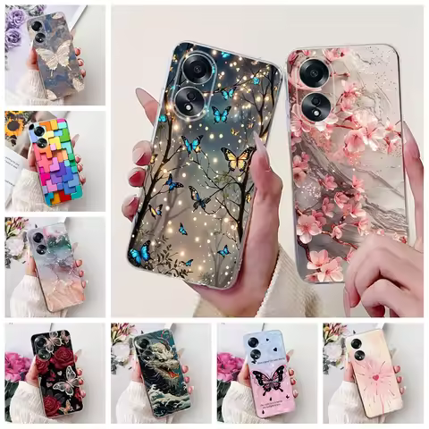 For Oppo A58 4G Case CPH2577 Transparent Cute Cat Fashion Flower Cool Painted Soft TPU Back Cover Fo