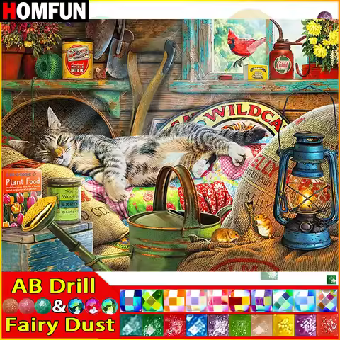 HOMFUN Fairy Dust AB Diamond Painting Full Square/Round Drill 5D DIY "Animal Cat" Daimond Embroidery