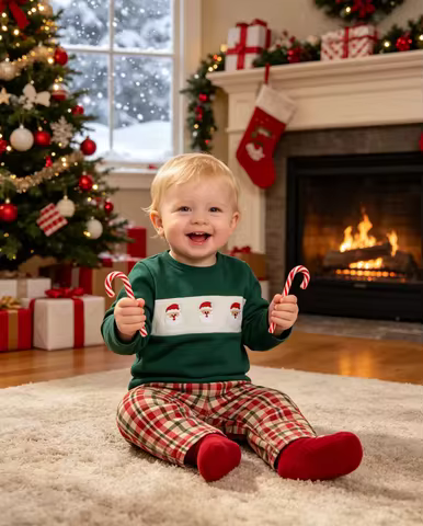 0-6T Toddler Boy Girl Christmas Outfit Santa Embroidery Long Sleeve Top Plaid Pants 2Pcs Kids Xmas M