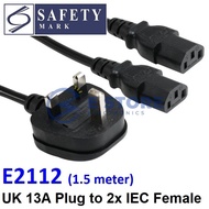 1.5 Meter 13A UK Plug to 2x IEC Female Cable - E2112/1.5M