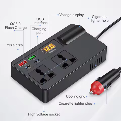 DC/AC Inverter 12V/24V to 220V Car Converter 7 Ports PD Type-C USB Chargers 3.0 Cigar Lighter Plug E