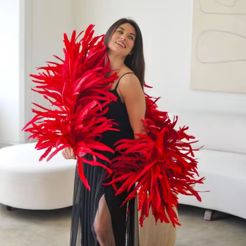 1 to 4 Yards Red Rooster Chicken Tail Feathers Boa Scarf 25-30cm Pheasant Feather Shawl for Carnival