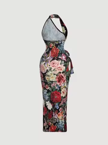 SHEIN MOD 1pc Women's Foldable Halter Neck Floral Decor Bodycon Long Dress,Country Concert