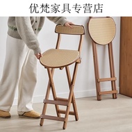 ST-🚤Shiaiyiwanmu Foldable High-Leg Stool Rattan Backrest Bar Chair Home Portable Space-Saving Restaurant High Chair LPYT