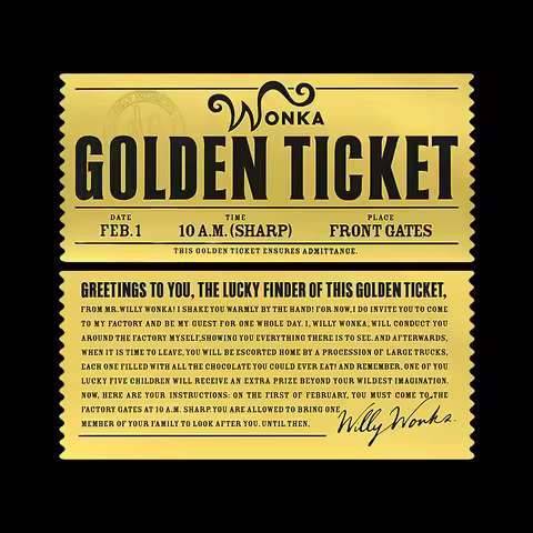 Golden Ticket of Willy Wonka's Chocolate Factory Gold Foil Plastic Cards Christmas Gift US Commemora