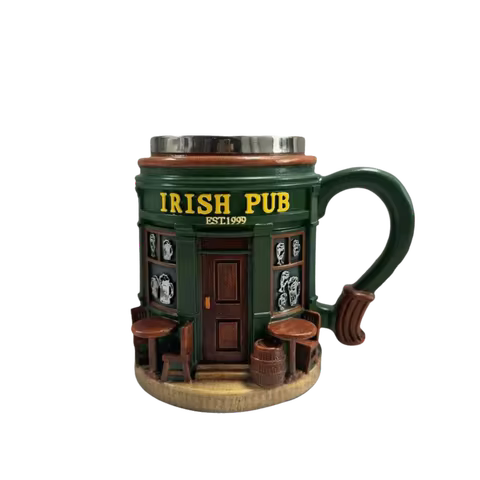 Irish Pub 3D Novelty Coffee Mug Comfortable Ergonomic Handle Green Traditional Pub Design Ceramic Co