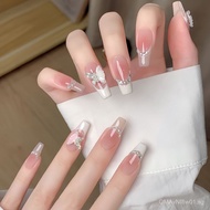 Handmade medium-long false nails for summer, butterfly white, wearable, high-end French style, with 