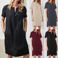 Zanzea Women‘s Ladies Vintage Round Neck Short Sleeve Button Casual Loose Linen Dress