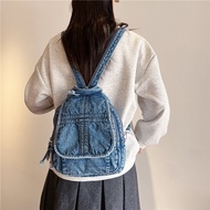 Washed Distressed Denim Backpack American Retro Backpack Daily Work Commuter Backpack Mini Multifunc
