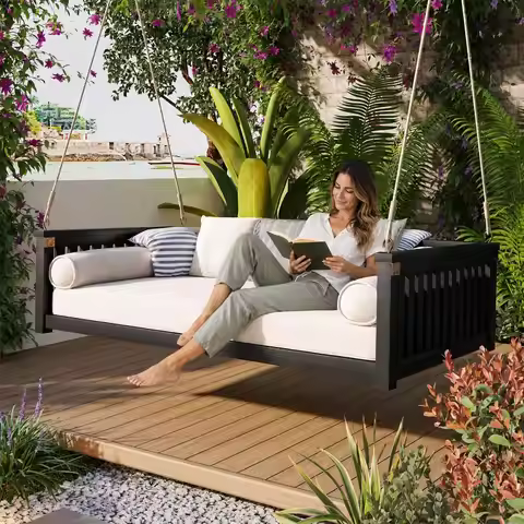 Outdoor Porch Swing Bed, Twin Size Acacia Wood Hanging Daybed with Hemp Ropes, Minimalist Patio Swin