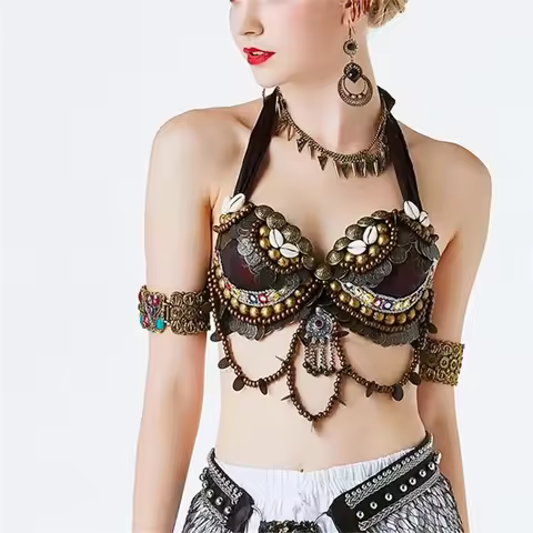 Women Hand Beading Bra Adjustable Tribal Bra or Belt Belly Dance Performance Costume Dance Performan