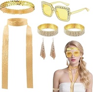 Pack of 7 1970s Disco Accessories, Glitter Hair Bands Earrings Scarf Rhinestone Sunglasses Bracelet 