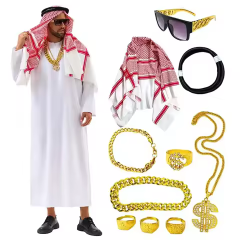 Arabian Dubai Costume Uae Sheik Cosplay White Robe Headscarf for Wealthy Saudi Birthday Costume Hall