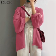 ZANZEA Muslimah Women Muslim Walf Check Puff Sleeve Kimonos Casual Plain Knitted Cardigan Outwear