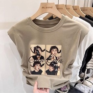 พร้อมส่ง เสื้อครอปแขนกุดผู้หญิงฤดูร้อนใหม่ oversize เสื้อผ้ามินิมอลสไตล์เกาหลีน่ารักๆ เสื้อยืดสาวอวบ