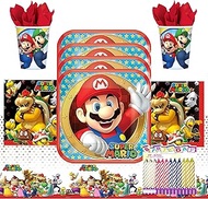 Amscan Super Mario Brothers Party Supplies Pack Serves 16: 9" Plates Luncheon Napkins Cups and Table Cover with Birthday Candles (Bundle for 16)