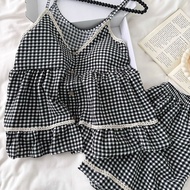 [Ready Stock] Black White Checkered Pajama Set Women Summer Padded Camisole Shorts Plus Size Minimal
