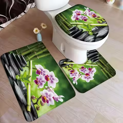 Zen Green Bamboo Bath Mat Set Natural Orchid Flower Black Stone Plant Home Carpet Bathroom Decorativ