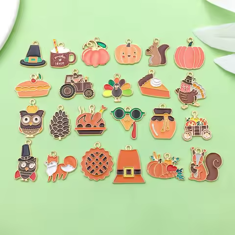 20/23pcs Enamel Thanksgiving Charms Alloy Turkey, Owl, Squirrel, Pumpkin, Pie Design Pendants for DI