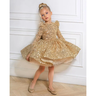 【Kids clothes】 Childrens Dress Golden Birthday Party Runway Sequin Butterfly-knot Long Sleeved Round