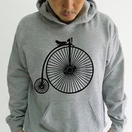 古老腳踏車圖案灰色连帽绒衫 手工印自行車形狀連帽袋鼠衛衣 情侶