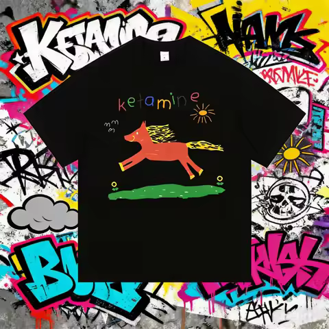 2025Summer Funny Ketamine Horse Colorful Meme T Shirts Men Women Casual Joke Humor T-shirt Male 100%