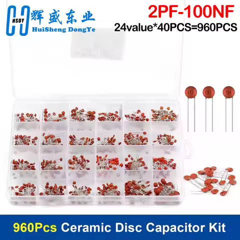 960pcs Ceramic Capacitor Set 2pF-0.1uF 24 Types Electronic Components Capacitors Assorted Kit 10P 10