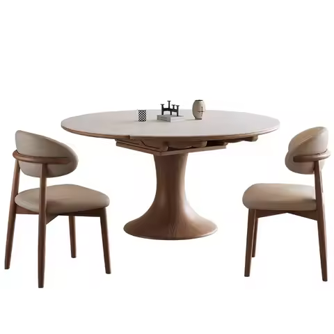 #Modern Solid Wood Extendable Folding Turntable Dining Table with Adjustable Slate Top & Chairs for 