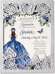 DORIS HOME 50Pcs Glitter Silver Butterfly Invitations for Quinceanera, 15 year, Sweet 16, Miss XV, 5