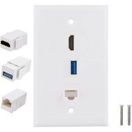 Halokny Wall Plate 3Port HDMI USB Cat6 RJ45 Outlet Wall Plate, 1 x HDMI Jack + 1 x Cat6 RJ45 Etherne