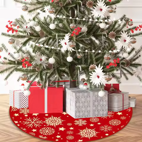 35.4inch Xmas Tree Skirt Snowflake Pattern Xmas Tree Bottom Decor Mat Printed Christmas Tree Decorat