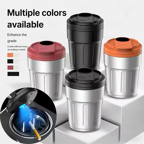 Portable Blue LED Car Ashtray Metal Lining Coffee Cup Style Smokeless Dustbin with Cover Retardant A