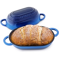 Enameled Cast Iron Bread Oven (Blue) With Lid - Non-Stick Single Loaf Pan, Easy Homemade Sourdough D